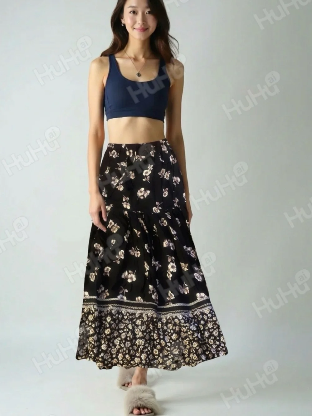 Black Floral Tiered Maxi Skirt - Elegant Women's Skirt